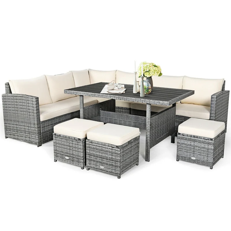 7 PCS Resin Wicker Outdoor Sectional Sofa Set Rattan Patio Seating Group with Dining Table, Ottomans & Cushions - White