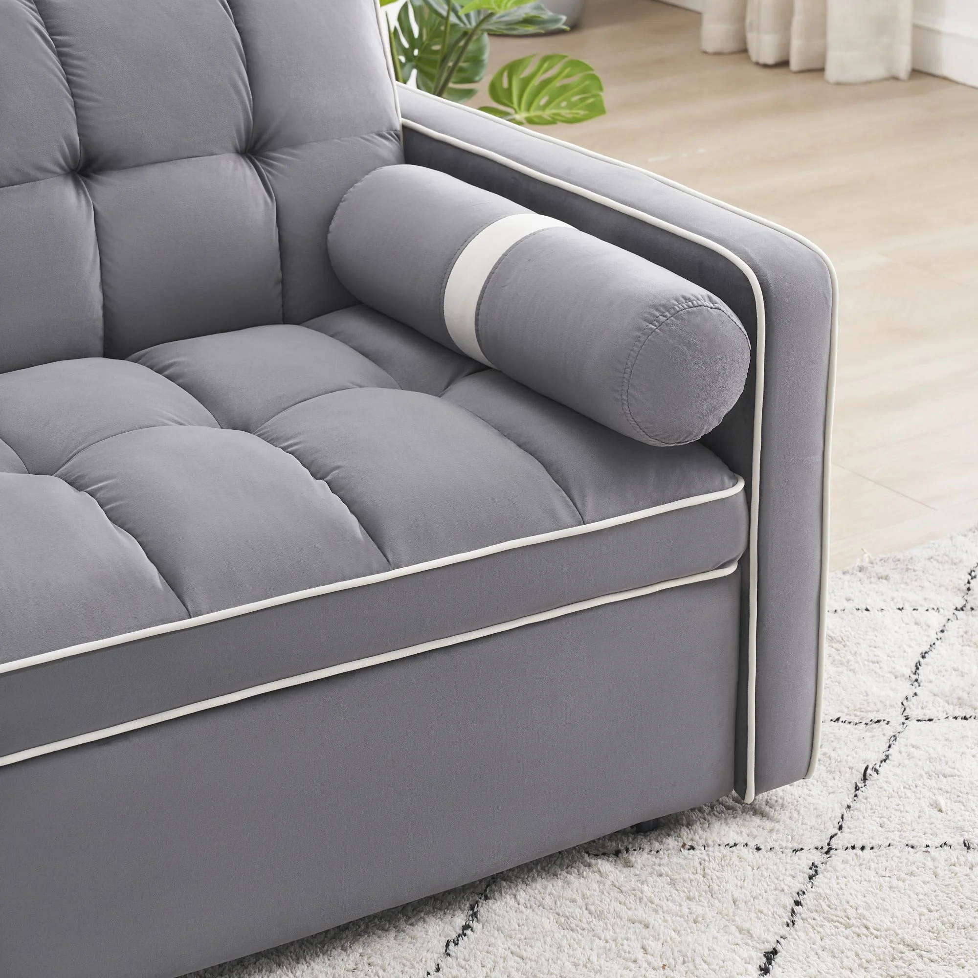 3 in 1 Sleeper Sofa Couch Bed,Small Tufted Velvet Convertible Loveseat Futon Sofa w/Pullout Bed,Adjustable Backrest,Cylinder Pillows,Multi-Pockets,Pho