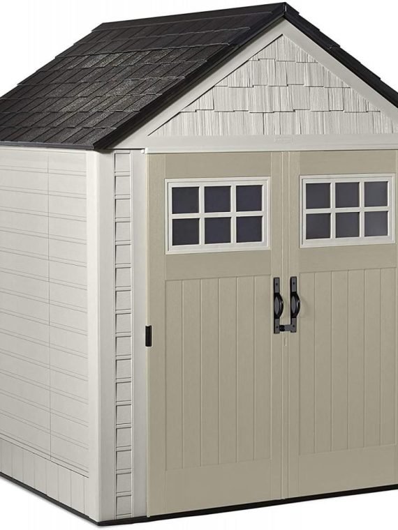 Rubbermaid 7??7 Ft Durable Weather Resistant Resin Outdoor Garden Storage Shed with Windows and Utility Hooks, Sand