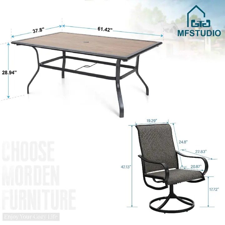 8 Pieces Patio Dining Set with Umbrella,Outdoor Furniture Set with 6 Sling Dining Swivel Chairs - Beige