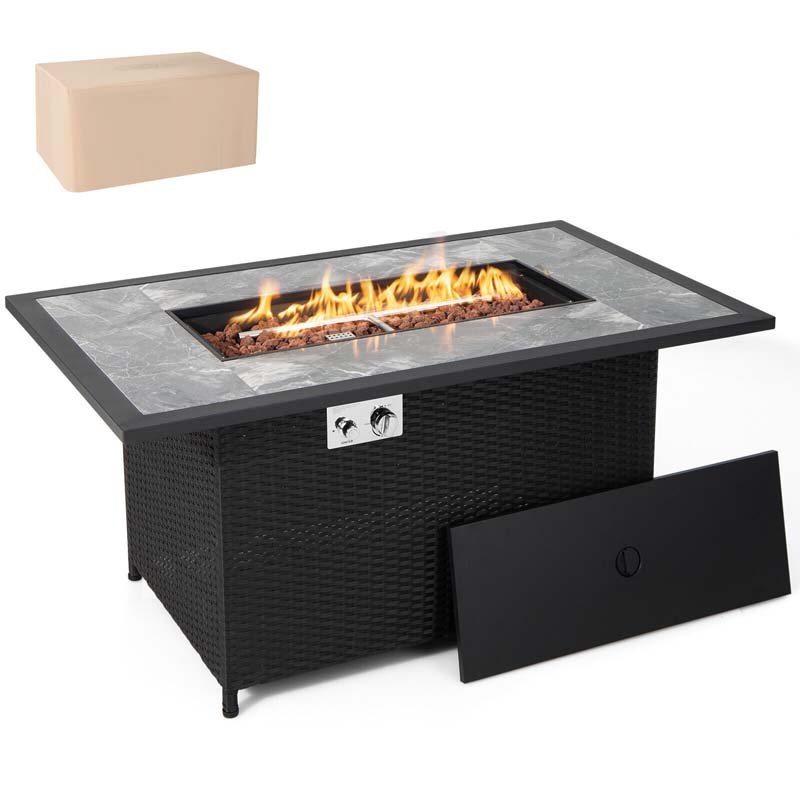 52 50000 BTU Rattan Outdoor Propane Gas Fire Pit Table with Marble Tabletop, Lava Rocks & PVC Cover