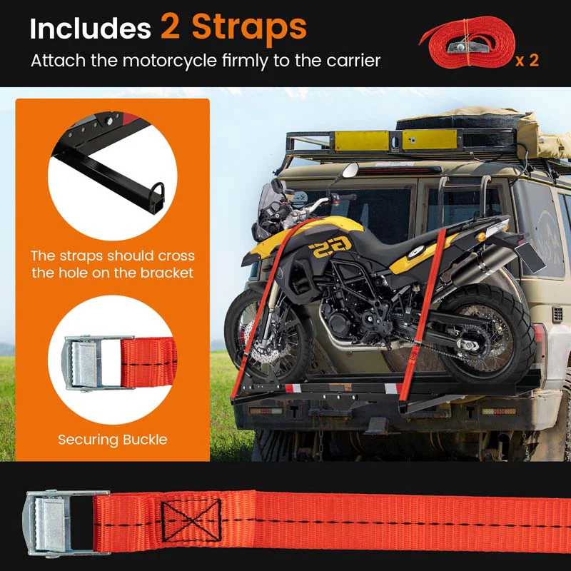 600LBS Motorcycle Hitch Carrier Fit Up to 7.5 Wide Tire, Motorcycle Carrier Hitch Mount w/Loading Ramp, Dirt Bike Trailer, Heavy Duty Motorcycle Rack