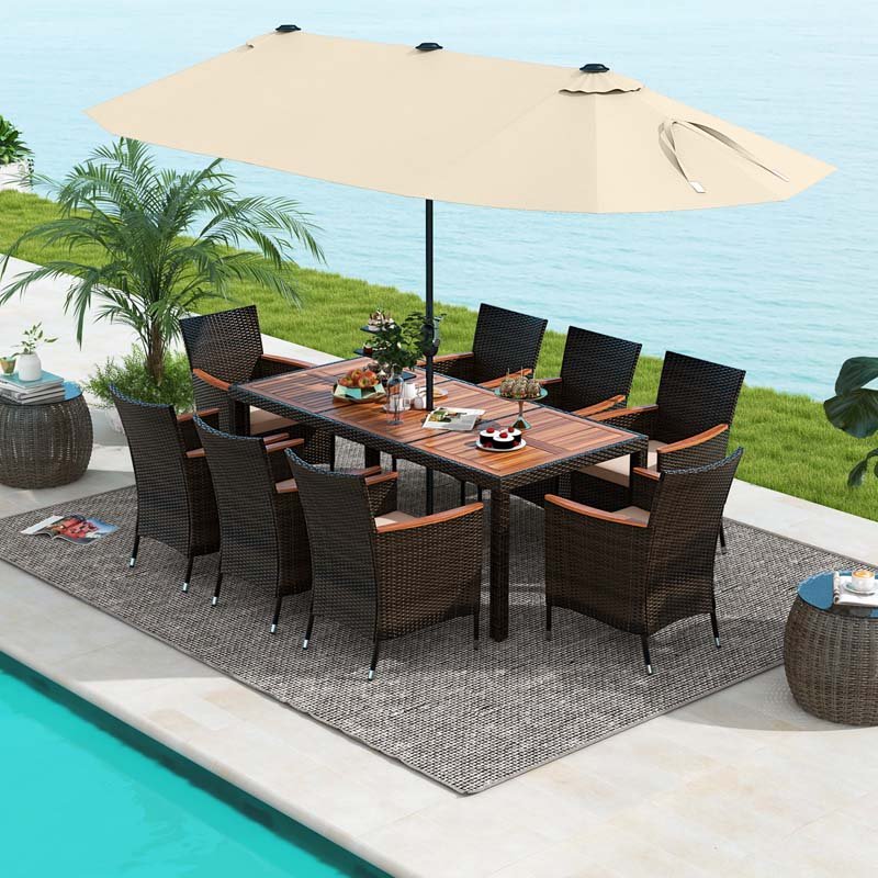 10Pcs Patio Rattan Dining Set with 15FT Double-Sided Umbrella, Heavy Duty Acacia Wood Table & Stackable Wicker Chairs - Beige
