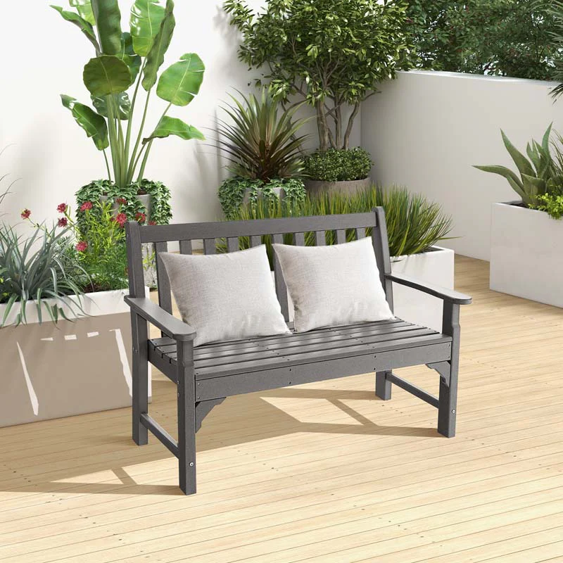 50 HDPE All-Weather Outdoor Patio Bench 2-Person Garden Park Bench Porch Loveseat Chair with Backrest & Armrests