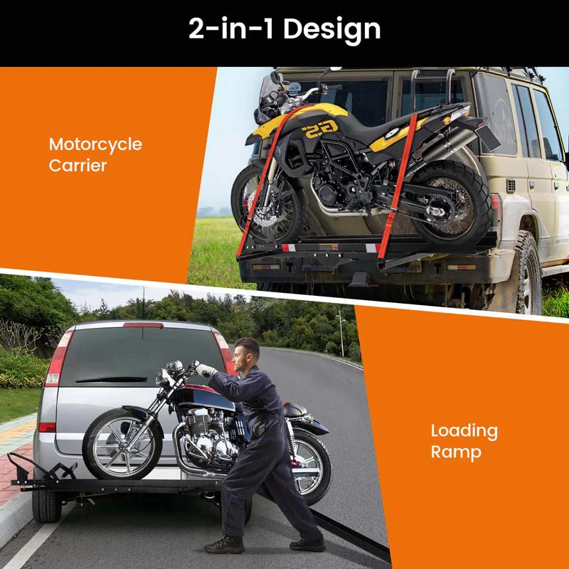 600LBS Motorcycle Hitch Carrier Fit Up to 7.5 Wide Tire, Motorcycle Carrier Hitch Mount w/Loading Ramp, Dirt Bike Trailer, Heavy Duty Motorcycle Rack