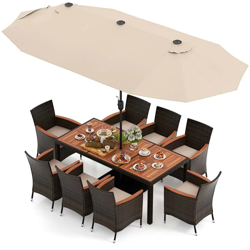 10Pcs Patio Rattan Dining Set with 15FT Double-Sided Umbrella, Heavy Duty Acacia Wood Table & Stackable Wicker Chairs - Beige