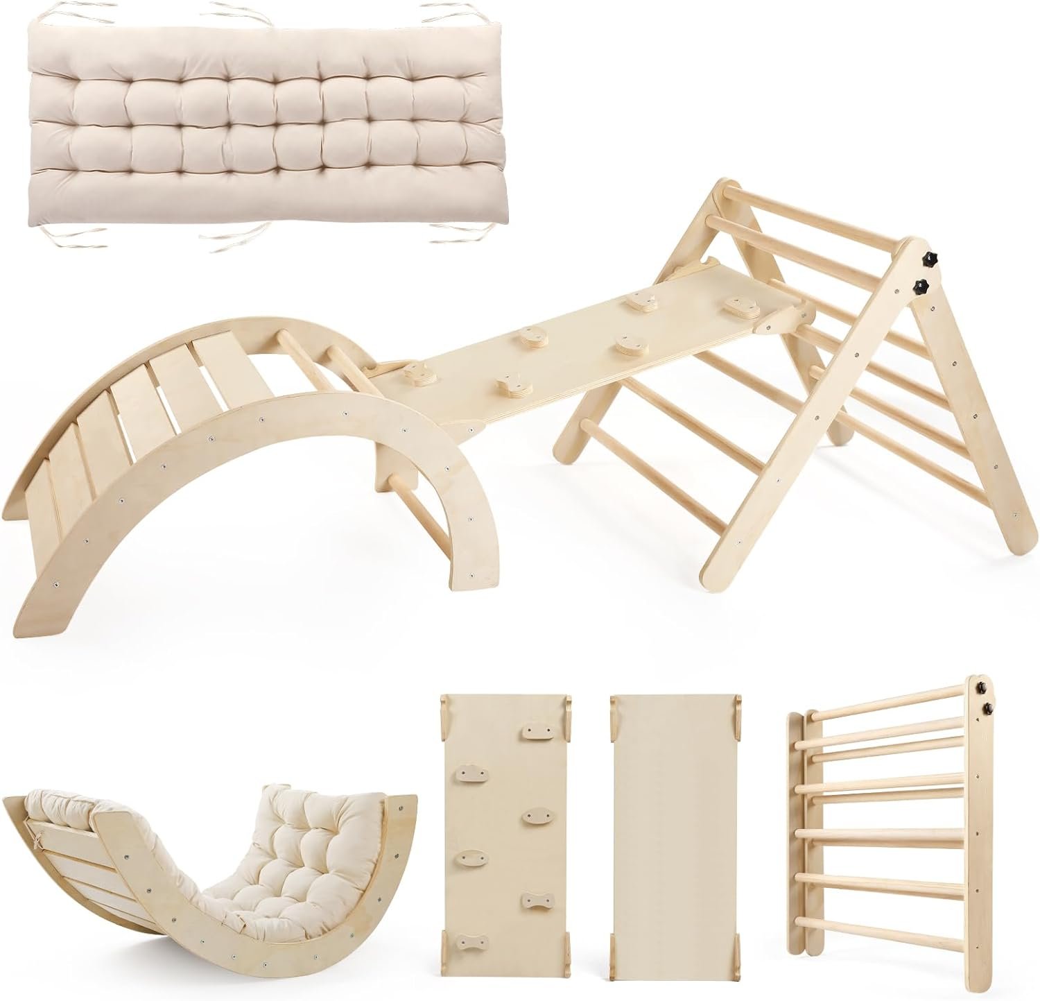 Triangle Set with Cushion, 5 in 1 Montessori Foldable Climbing Set, Climbing Indoor Playground Set for Toddlers, Wooden Climbing Toys with Ramp and Ar