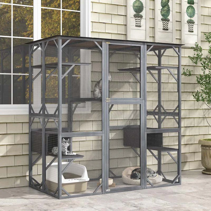 71 Tall Large Cat House Outdoor Catio Kitty Enclosure, Walk-in Cat Kennel Condo, Wooden Cat Cage Playpen with 7 Platforms