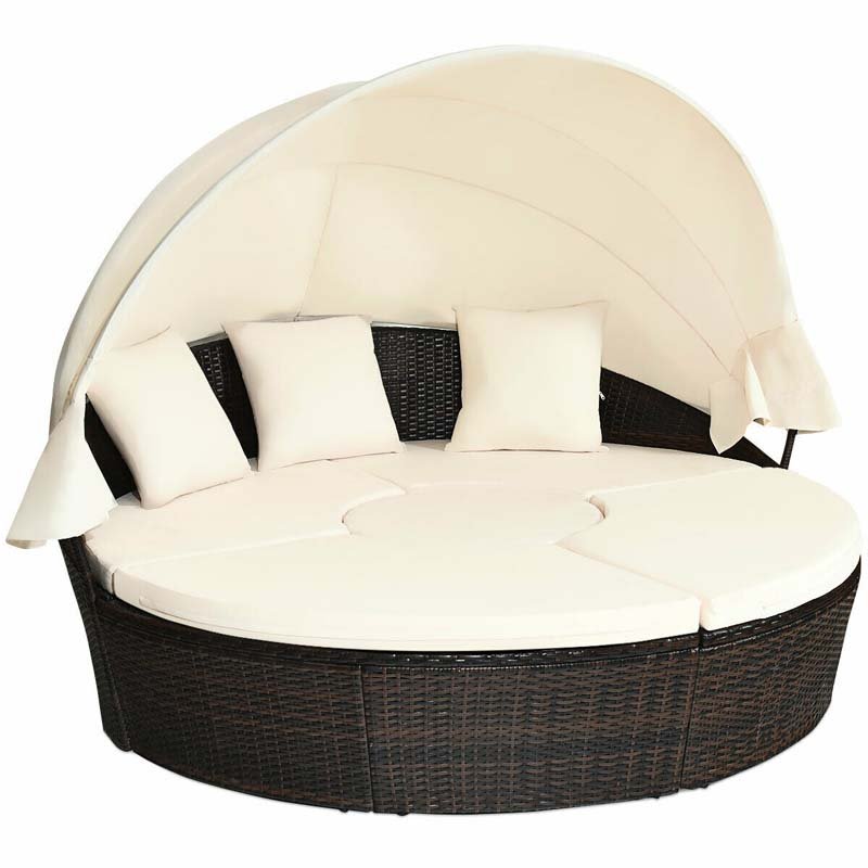 Rattan Wicker Patio Round Daybed with Retractable Canopy & Coffee Table, Outdoor Sectional Furniture Sofa Set - Beige