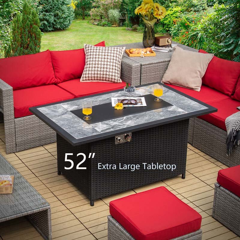 52 50000 BTU Rattan Outdoor Propane Gas Fire Pit Table with Marble Tabletop, Lava Rocks & PVC Cover