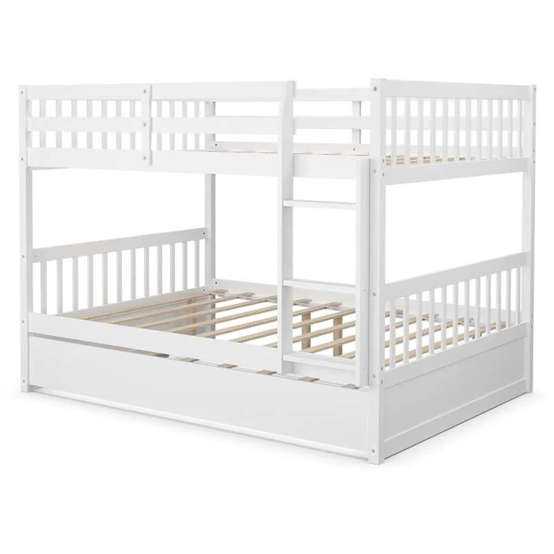Solid Wood Full Over Full Bunk Bed Frame with Trundle, Safety Ladder & Guardrails, Convertible Bunk Bed for Kids Teens - White