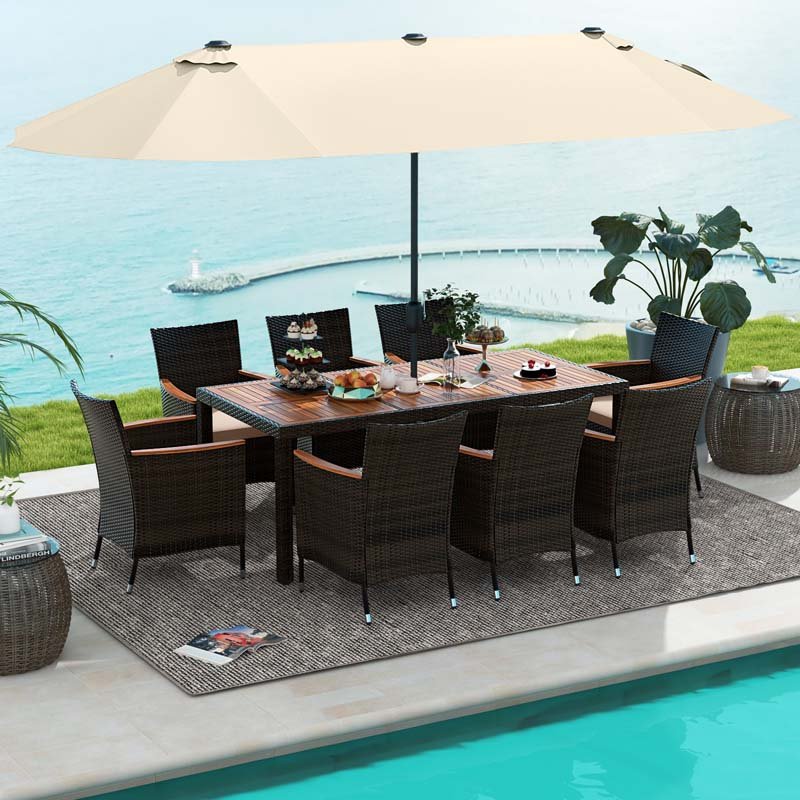 10Pcs Patio Rattan Dining Set with 15FT Double-Sided Umbrella, Heavy Duty Acacia Wood Table & Stackable Wicker Chairs - Beige