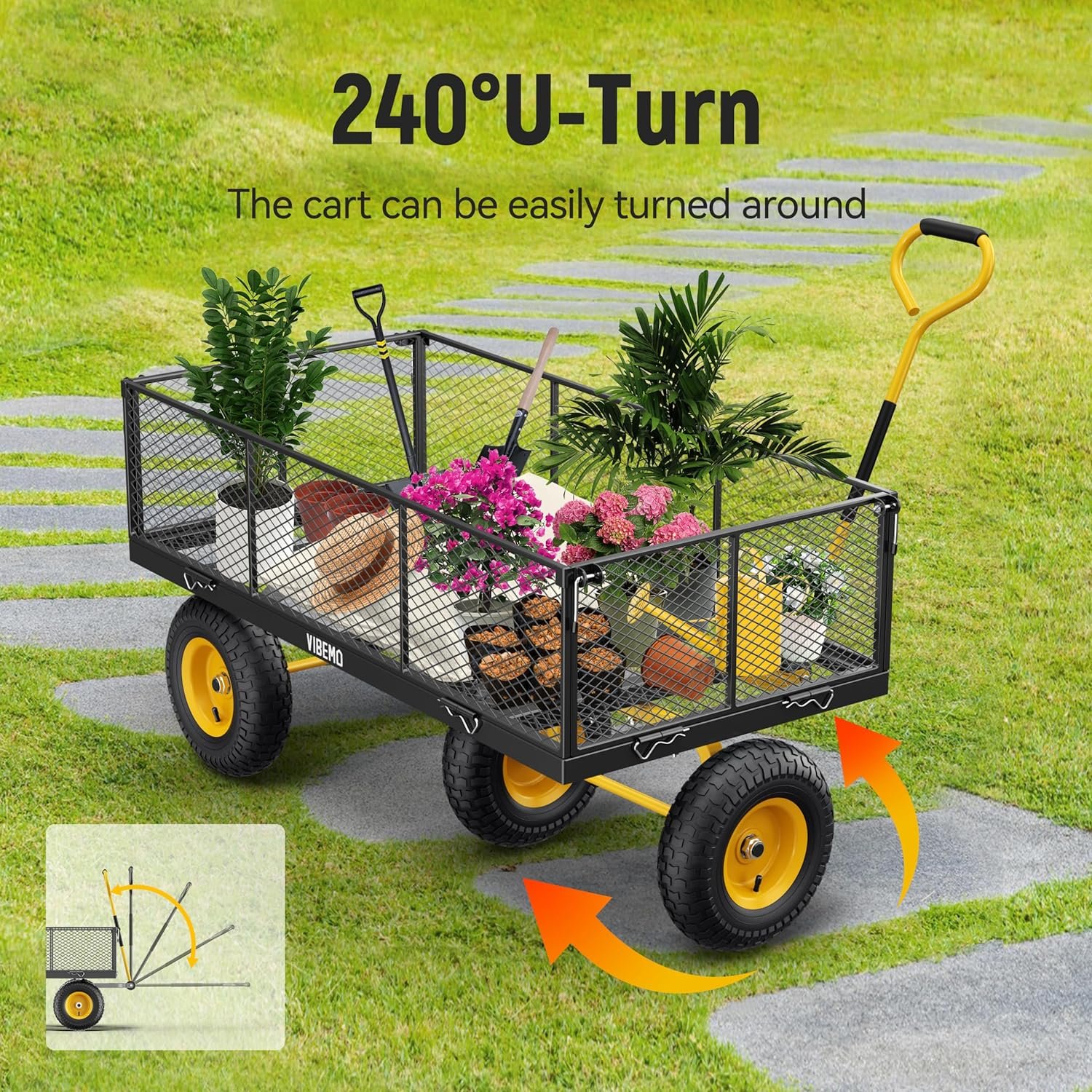 Steel Garden Cart, 2-in-1 1400 lbs Heavy Duty Utility Wagon, with Removable Mesh Sides to Convert into Flatbed, 240?? U-Turn 13 Pneumatic Tires Garden