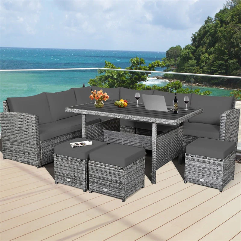7 Pcs Rattan Patio Dining Furniture Sectional Sofa Set with Dining Table, Ottomans & Cushions - White