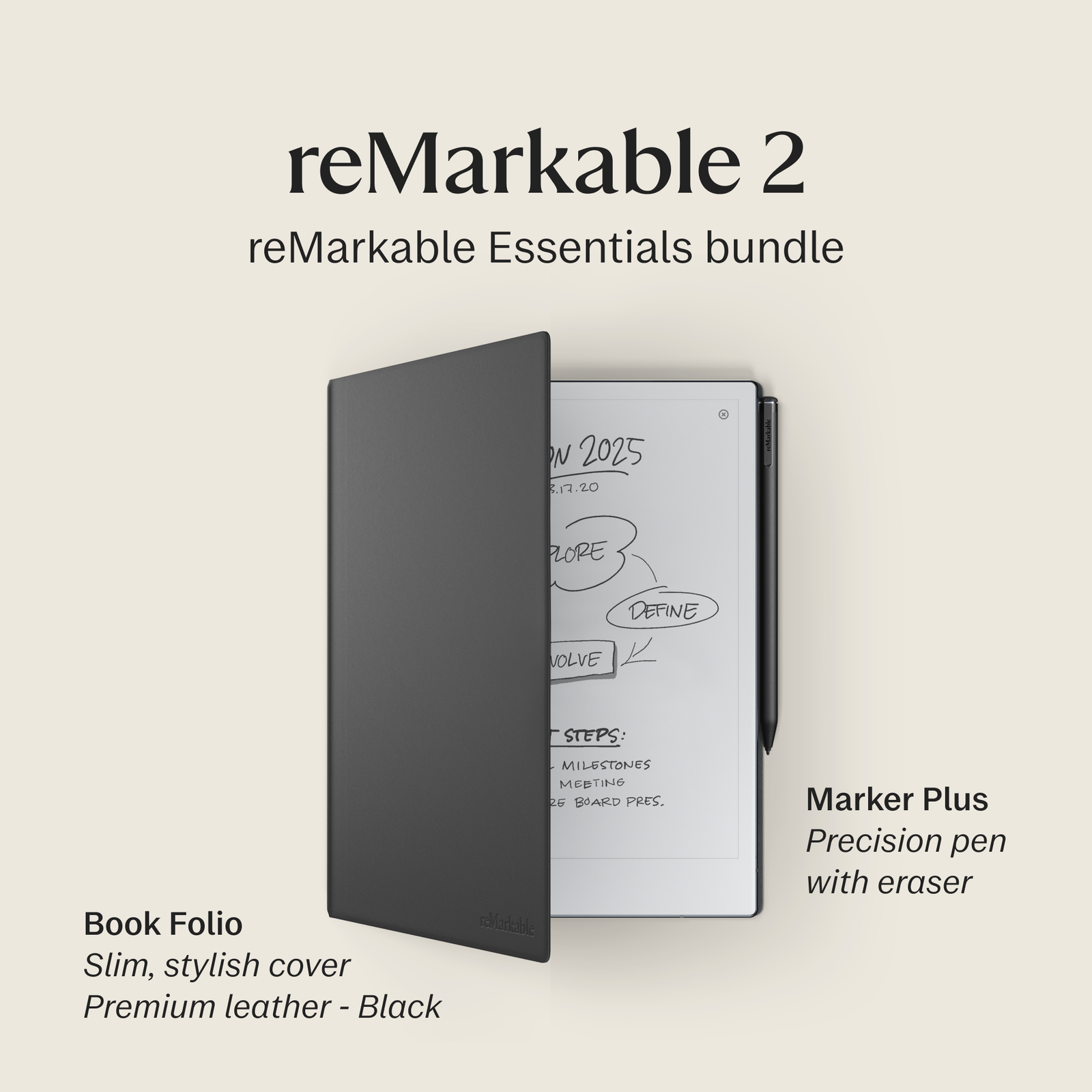 reMarkable 2 ??10.3??Paper Tablet with Marker Plus and Premium Leather Book Folio ??Black