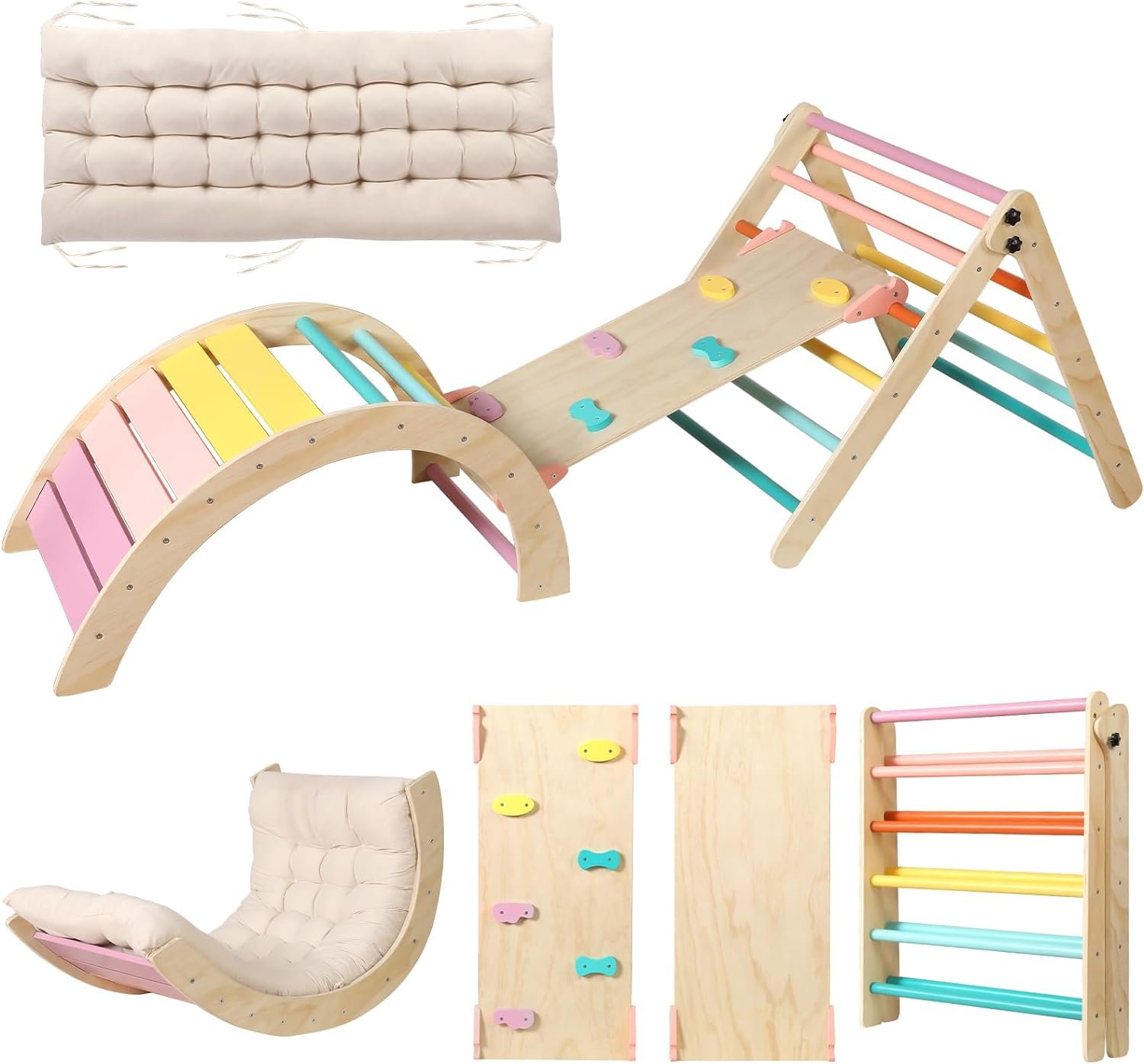 Triangle Set with Cushion, 5 in 1 Montessori Foldable Climbing Set, Climbing Indoor Playground Set for Toddlers, Wooden Climbing Toys with Ramp and Ar