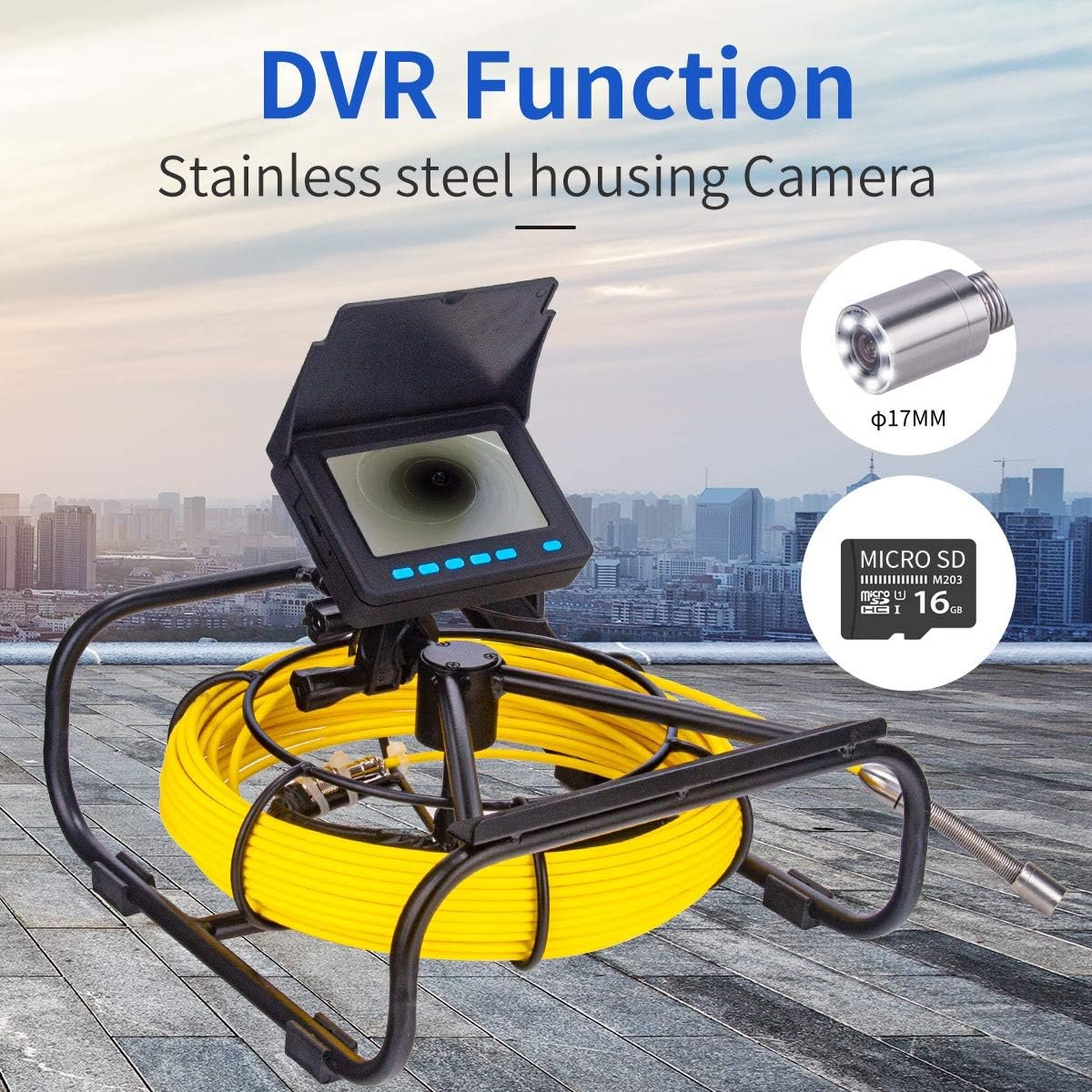 Sewer Camera 100ft,SYANSPAN 17mm Low Temperature Resistant Pipe Inspection Camera,16GB DVR Video Recording Endoscope Borescope w/LED Lights for Plumbe