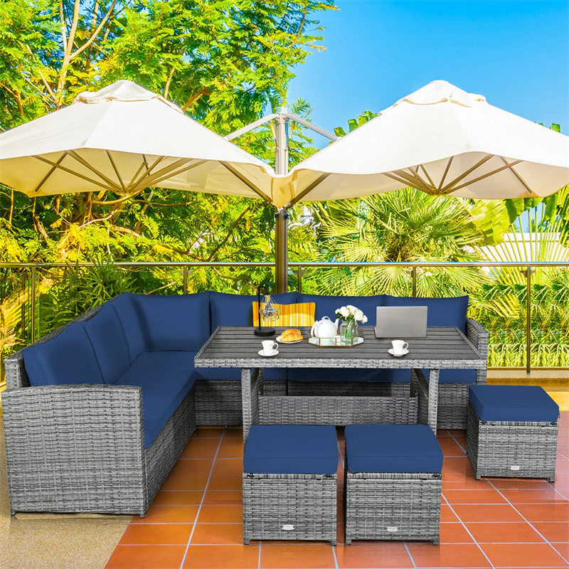7 Pcs Rattan Patio Dining Furniture Sectional Sofa Set with Dining Table, Ottomans & Cushions - White