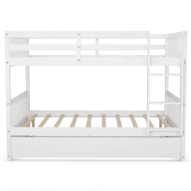 Solid Wood Full Over Full Bunk Bed Frame with Trundle, Safety Ladder & Guardrails, Convertible Bunk Bed for Kids Teens - White