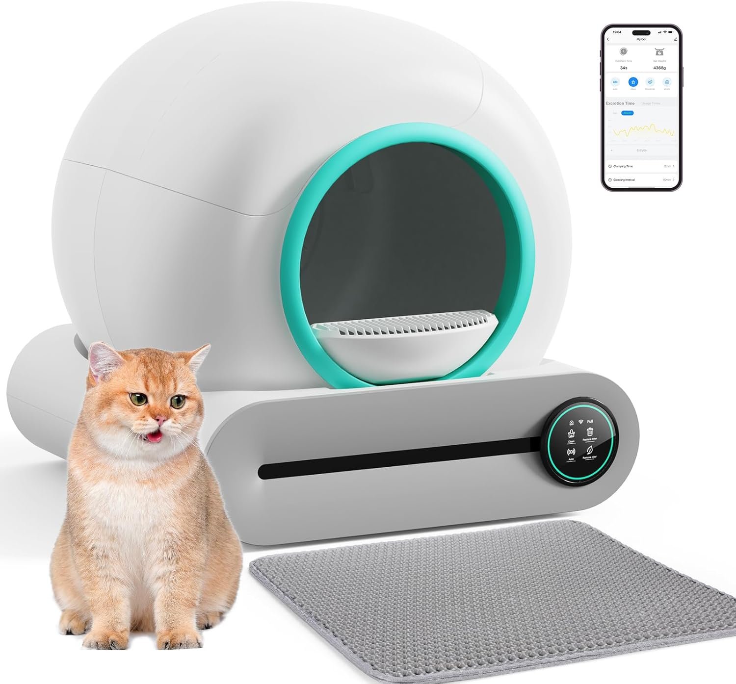 Self Cleaning Cat Litter Box, Automatic Cat Litter Box with Mat & Liners, 65L+9L Large Capacity Self Cleaning Litter Box, APP Control/Suitable for Mul