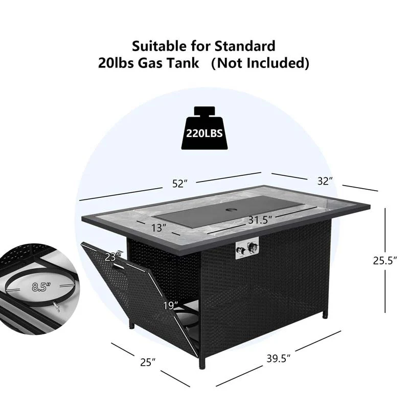 52 50000 BTU Rattan Outdoor Propane Gas Fire Pit Table with Marble Tabletop, Lava Rocks & PVC Cover