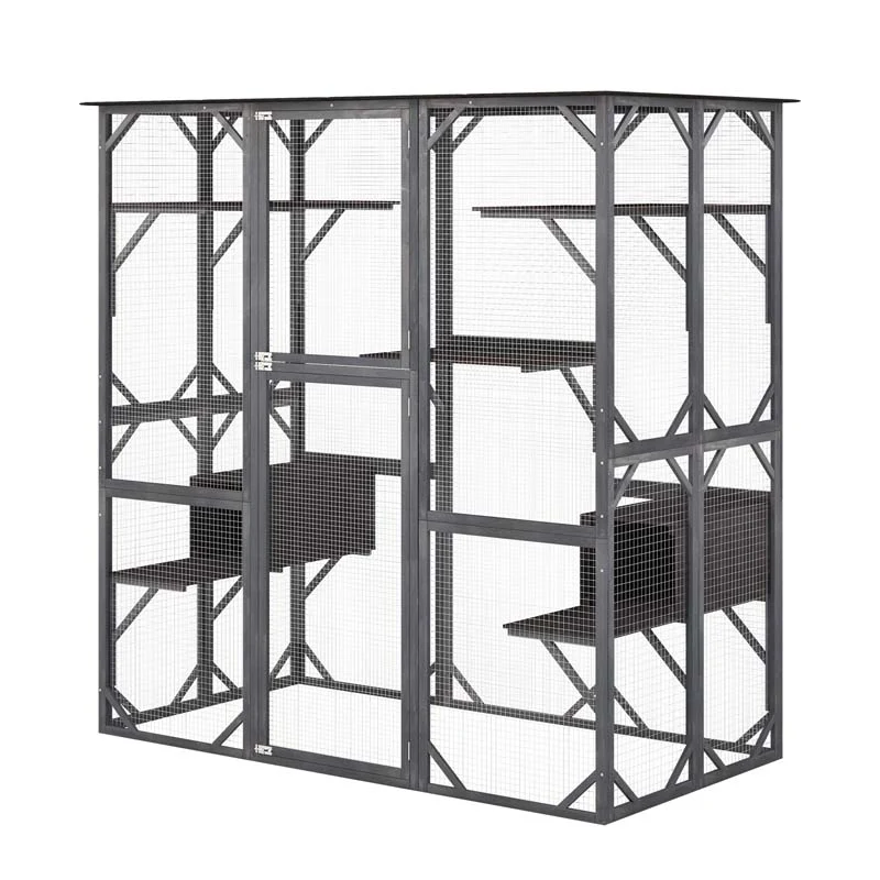 71 Tall Large Cat House Outdoor Catio Kitty Enclosure, Walk-in Cat Kennel Condo, Wooden Cat Cage Playpen with 7 Platforms