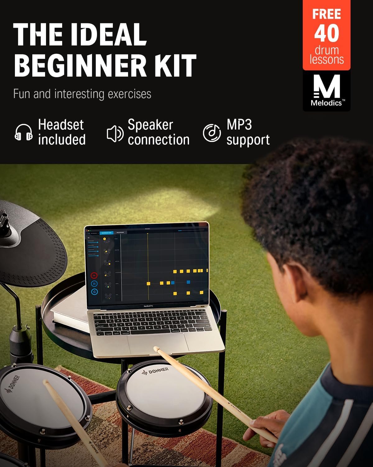 Donner DED-80 Electronic Drum Set, Electric Drum Set for Beginner with 4 Quiet Mesh Drum Pads, 2 Switch Pedal, 180+ Sounds, Throne, On-Ear Headphones,