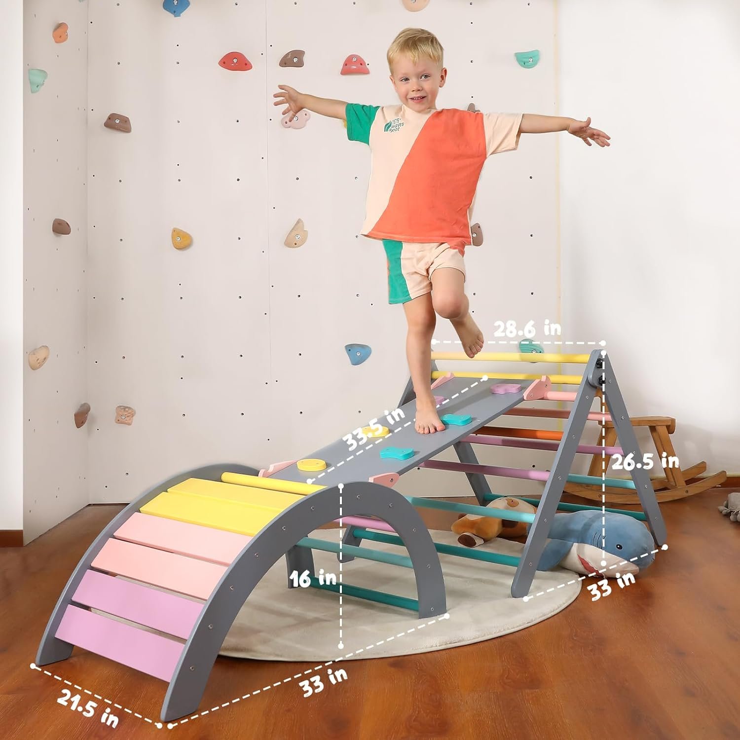 Triangle Set with Cushion, 5 in 1 Montessori Foldable Climbing Set, Climbing Indoor Playground Set for Toddlers, Wooden Climbing Toys with Ramp and Ar