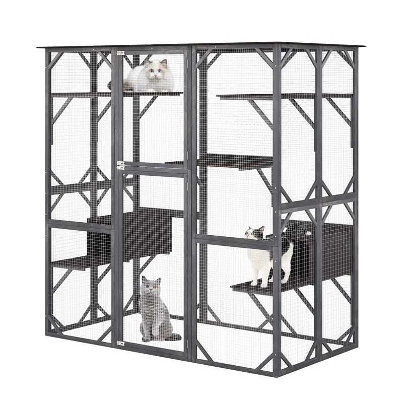71 Tall Large Cat House Outdoor Catio Kitty Enclosure, Walk-in Cat Kennel Condo, Wooden Cat Cage Playpen with 7 Platforms