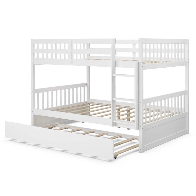 Solid Wood Full Over Full Bunk Bed Frame with Trundle, Safety Ladder & Guardrails, Convertible Bunk Bed for Kids Teens - White