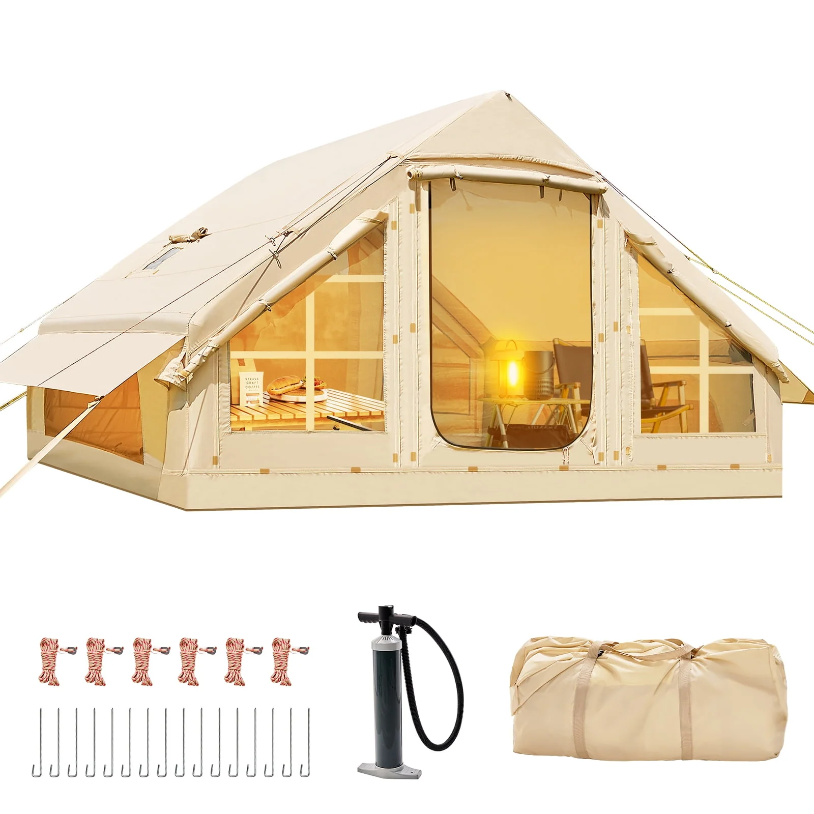 6 Person Inflatable Camping Tent with Pump, 10ft x7ft Glamping Family Tent Easy Setup 4 Season Waterproof Windproof Outdoor Blow Up Tent Luxury Oxford