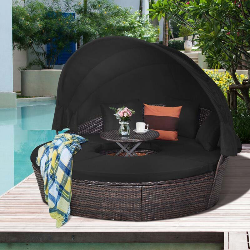 Rattan Wicker Patio Round Daybed with Retractable Canopy & Coffee Table, Outdoor Sectional Furniture Sofa Set - Beige