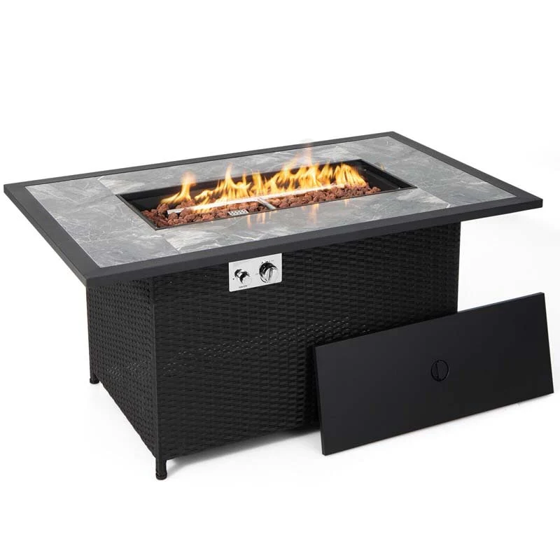 52 50000 BTU Rattan Outdoor Propane Gas Fire Pit Table with Marble Tabletop, Lava Rocks & PVC Cover