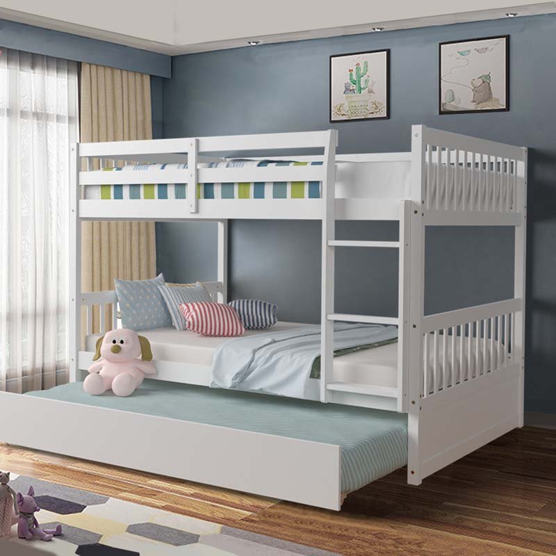 Solid Wood Full Over Full Bunk Bed Frame with Trundle, Safety Ladder & Guardrails, Convertible Bunk Bed for Kids Teens - White