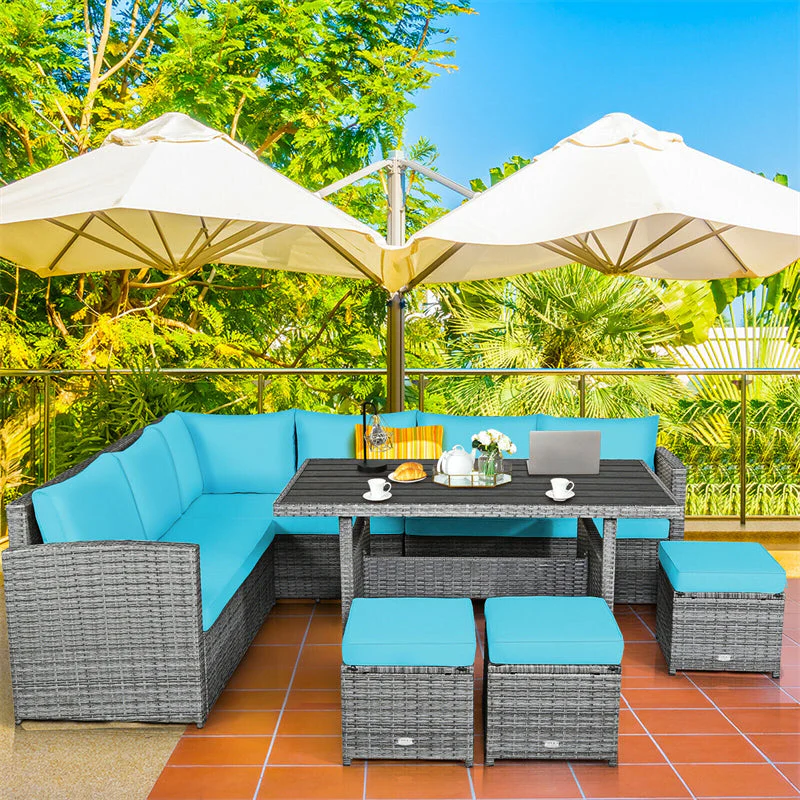 7 Pcs Rattan Patio Dining Furniture Sectional Sofa Set with Dining Table, Ottomans & Cushions - White