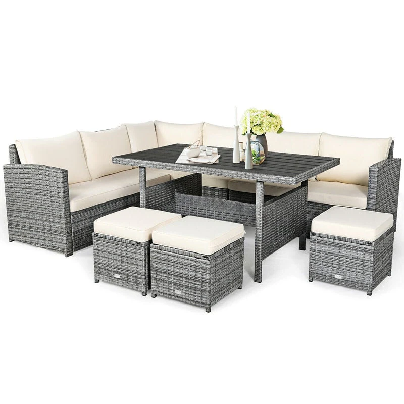 7 Pcs Rattan Patio Dining Furniture Sectional Sofa Set with Dining Table, Ottomans & Cushions - White