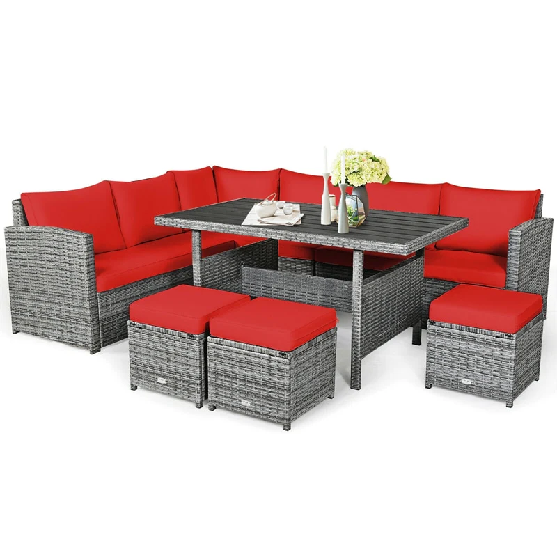 7 PCS Resin Wicker Outdoor Sectional Sofa Set Rattan Patio Seating Group with Dining Table, Ottomans & Cushions - White