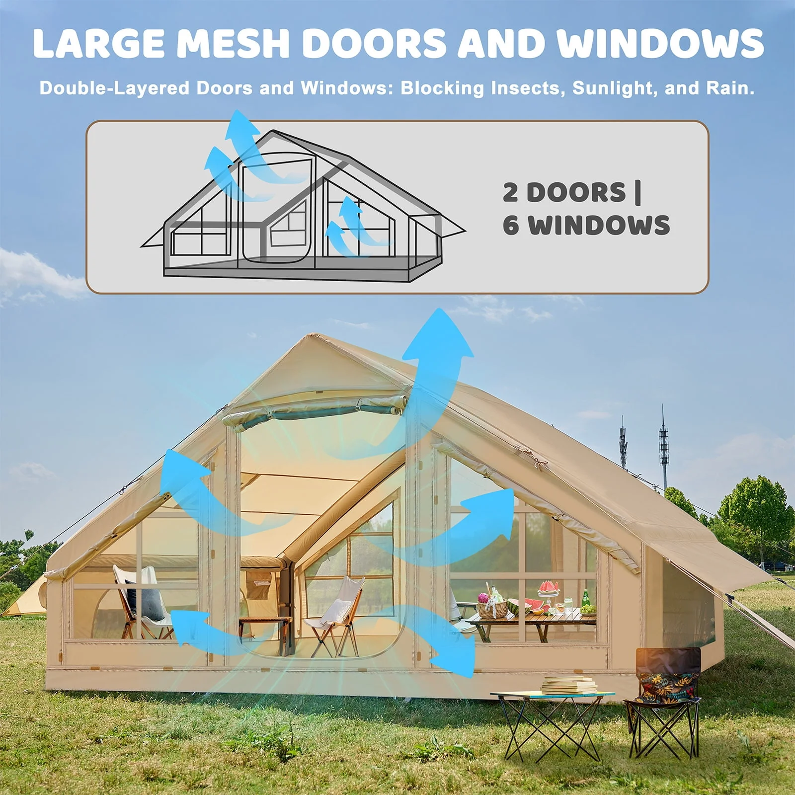 6 Person Inflatable Camping Tent with Pump, 10ft x7ft Glamping Family Tent Easy Setup 4 Season Waterproof Windproof Outdoor Blow Up Tent Luxury Oxford