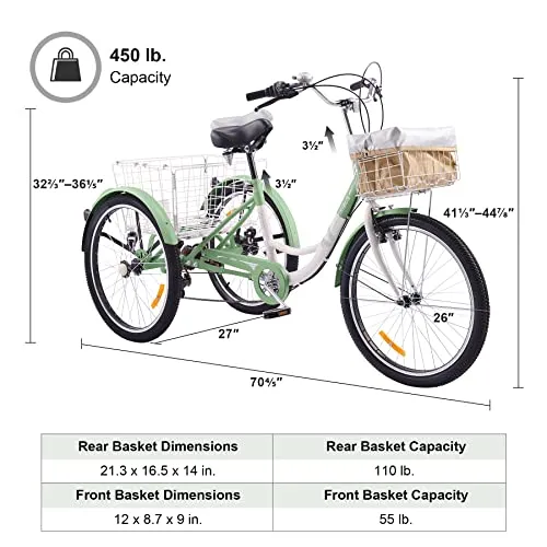 Viribus Adult Tricycle, 7 Speed Tricycle for Adults, 24 3 Wheel Bikes for Adults with Baskets
