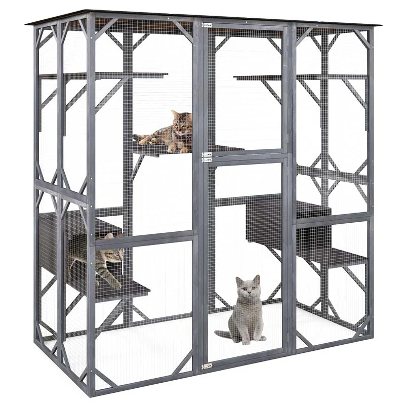 71 Tall Large Cat House Outdoor Catio Kitty Enclosure, Walk-in Cat Kennel Condo, Wooden Cat Cage Playpen with 7 Platforms