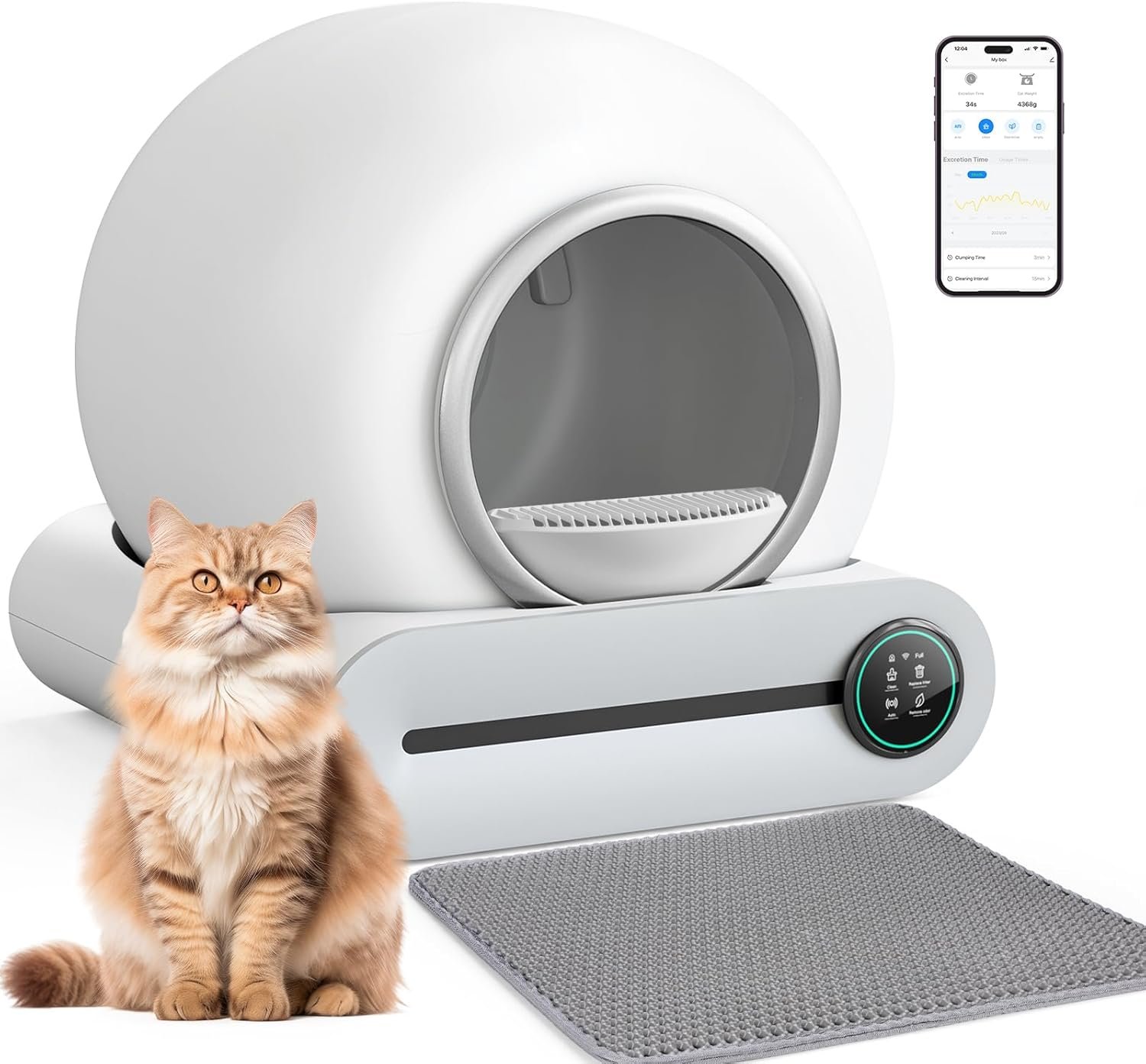 Self Cleaning Cat Litter Box, Automatic Cat Litter Box with Mat & Liners, 65L+9L Large Capacity Self Cleaning Litter Box, APP Control/Suitable for Mul