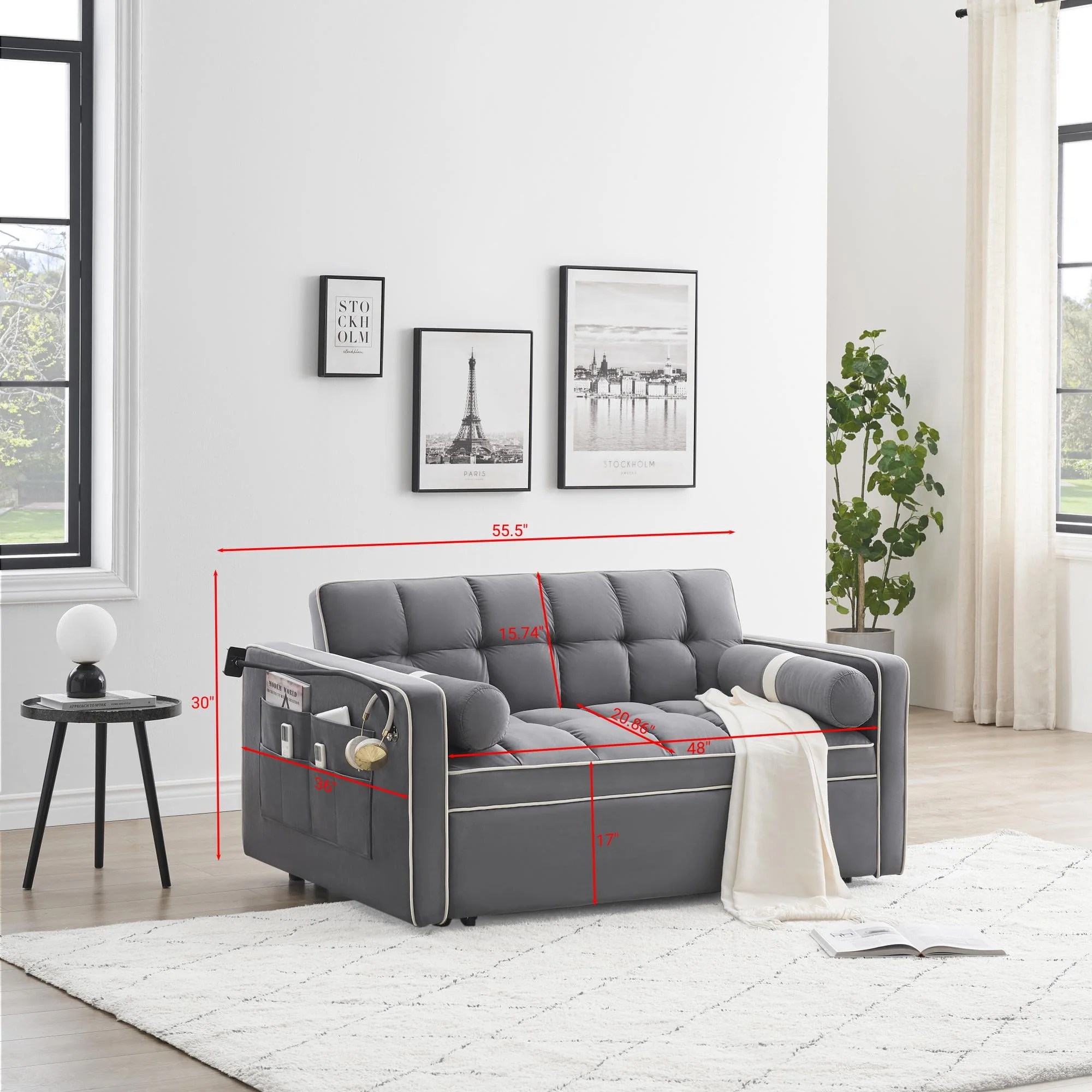 3 in 1 Sleeper Sofa Couch Bed,Small Tufted Velvet Convertible Loveseat Futon Sofa w/Pullout Bed,Adjustable Backrest,Cylinder Pillows,Multi-Pockets,Pho