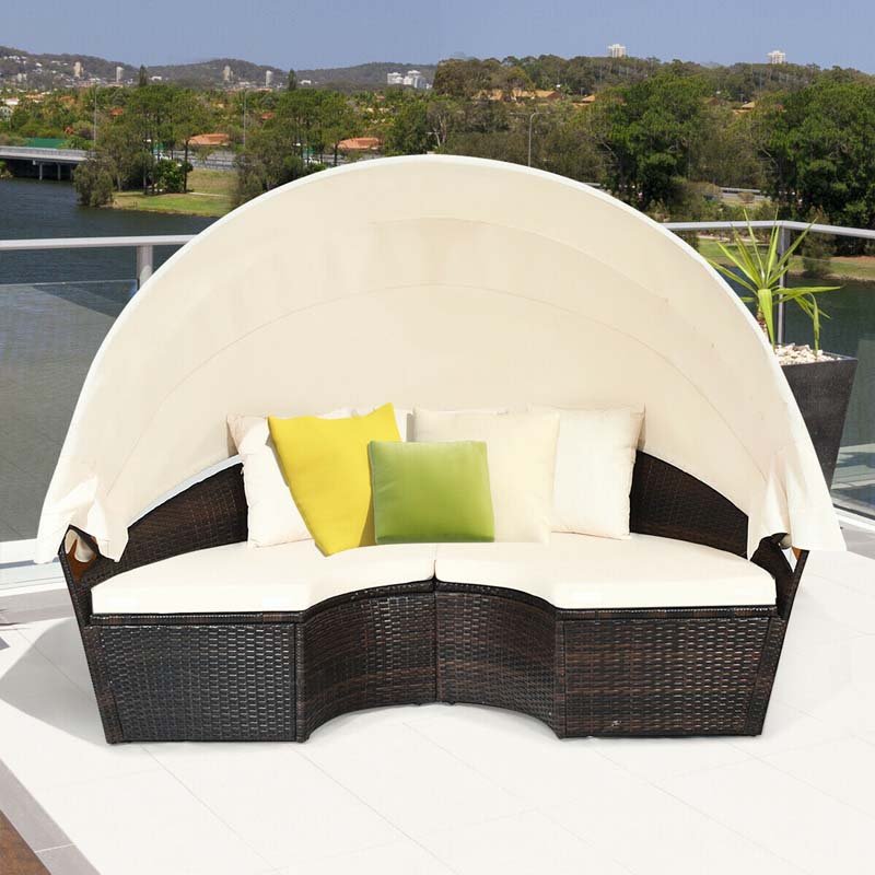 Rattan Wicker Patio Round Daybed with Retractable Canopy & Coffee Table, Outdoor Sectional Furniture Sofa Set - Beige