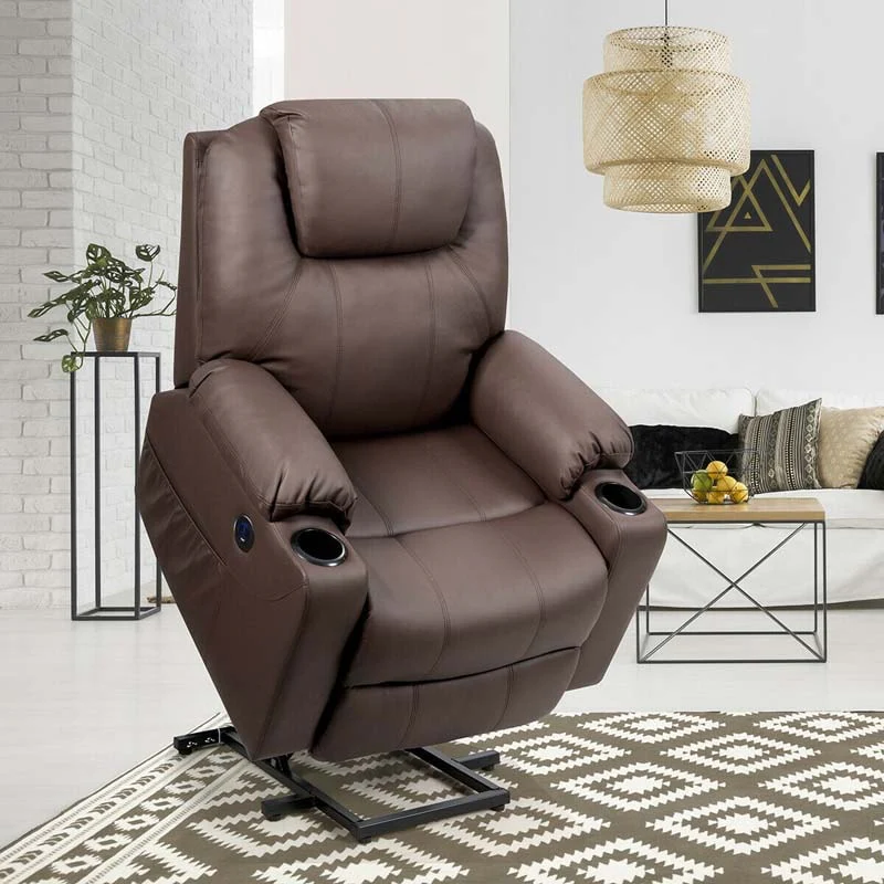 Electric Power Lift Recliner, Leather Massage Reclining Sofa, Elderly Lift Chair with Lumbar Heating & 8 Vibrating Nodes, Cup Holder, USB Port - Brown