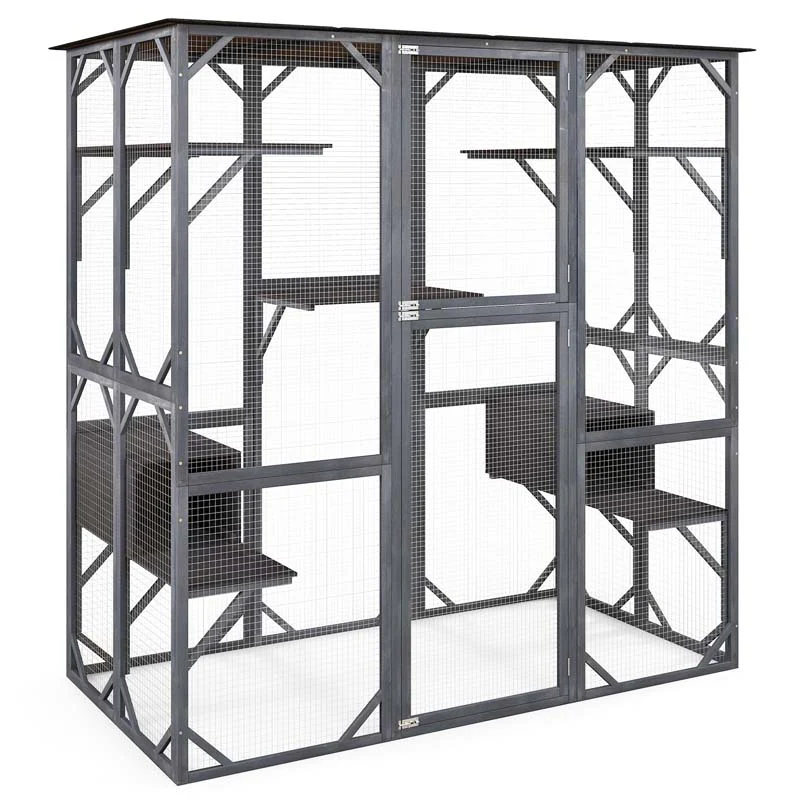 71 Tall Large Cat House Outdoor Catio Kitty Enclosure, Walk-in Cat Kennel Condo, Wooden Cat Cage Playpen with 7 Platforms