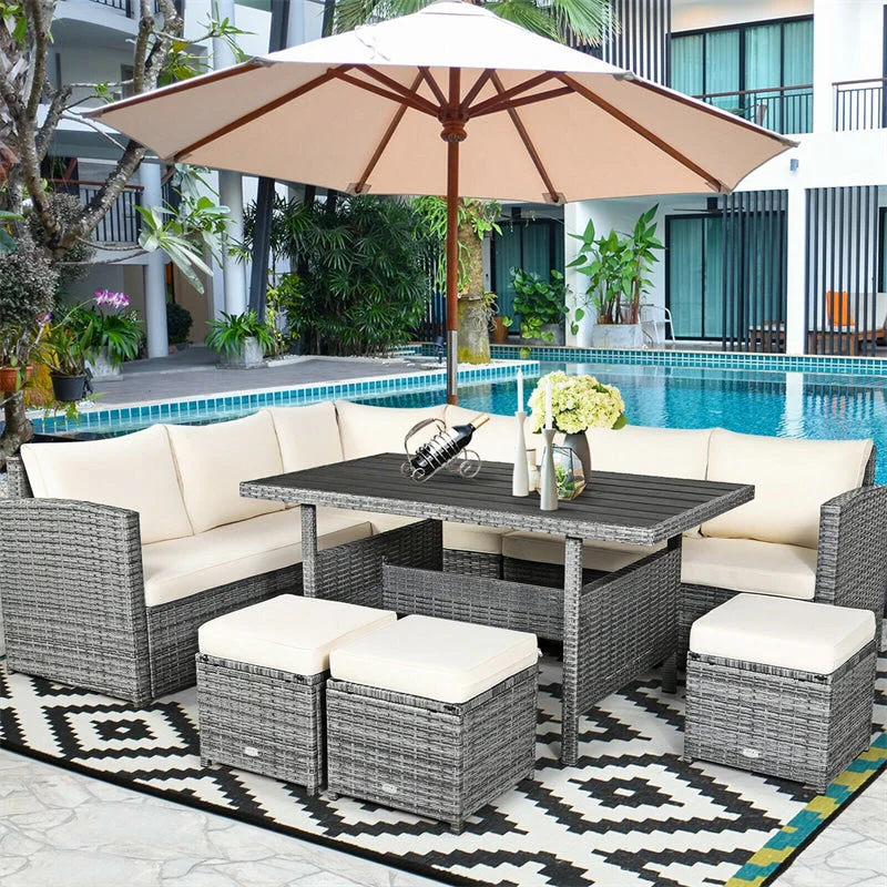 7 Pcs Rattan Patio Dining Furniture Sectional Sofa Set with Dining Table, Ottomans & Cushions - White