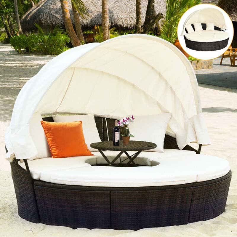 Rattan Wicker Patio Round Daybed with Retractable Canopy & Coffee Table, Outdoor Sectional Furniture Sofa Set - Beige