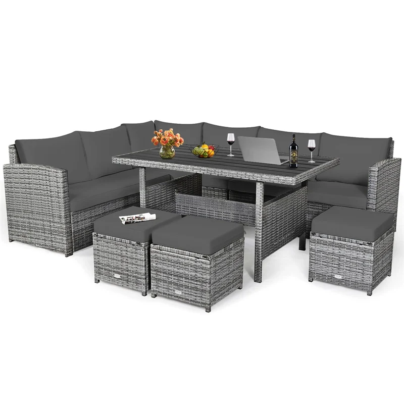 7 PCS Resin Wicker Outdoor Sectional Sofa Set Rattan Patio Seating Group with Dining Table, Ottomans & Cushions - White