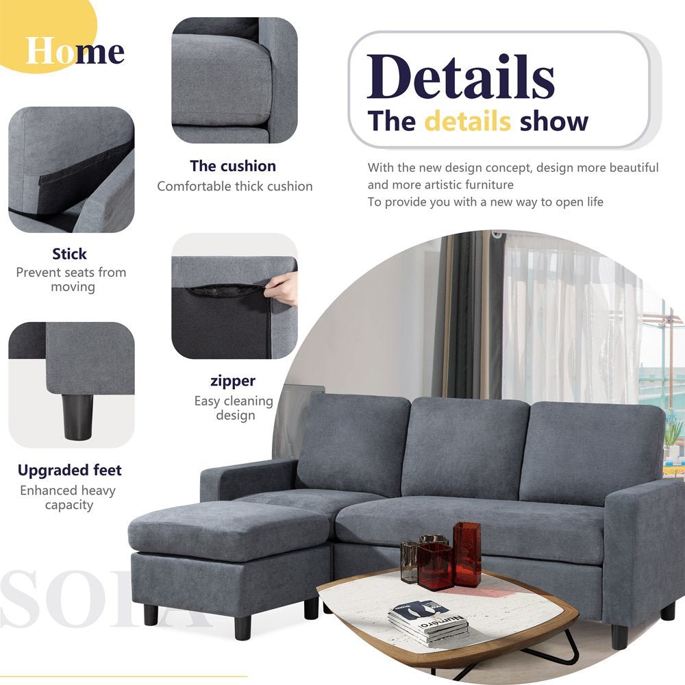 Walsunny Convertible Sectional Sofa, L-Shaped Linen Fabric Couch with Reversible Design and Movable Ottoman for Small Spaces