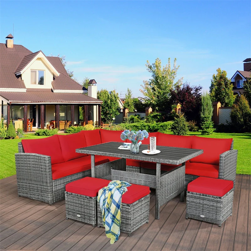 7 Pcs Rattan Patio Dining Furniture Sectional Sofa Set with Dining Table, Ottomans & Cushions - White
